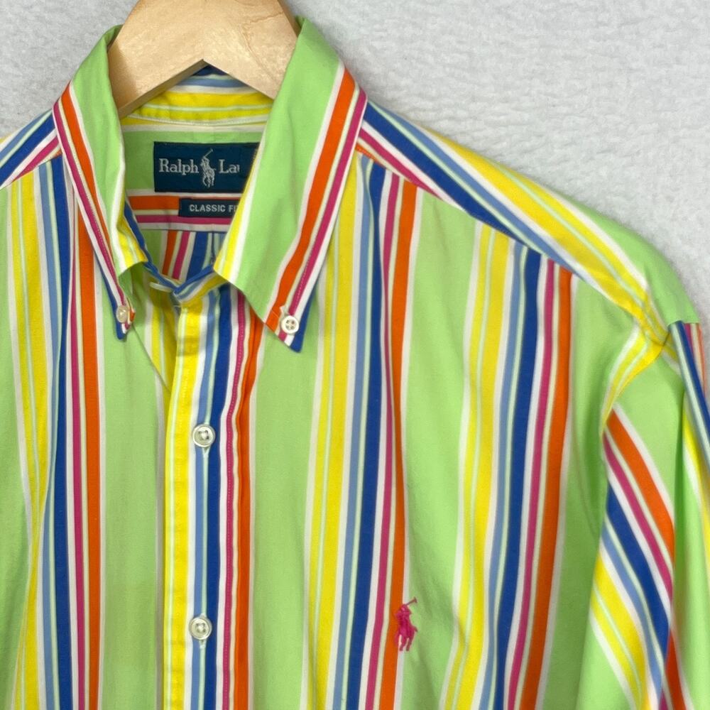 RALPH LAUREN Shirt Mens 15 M Oxford Striped Classic Fit OCBD Cotton Green VTG